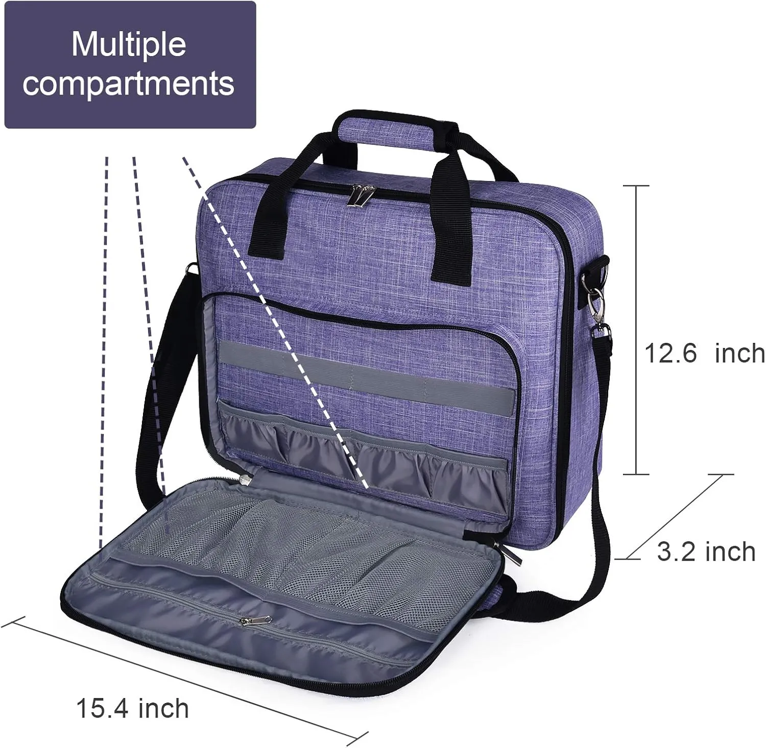 BAGLHER Cross Stitch & Embroidery Organizer Bag - Large Portable Project Storage with 3 Compartments, Travel Friendly Carrying Case for 11.2" Hoops, Threads, Supplies (Purple)