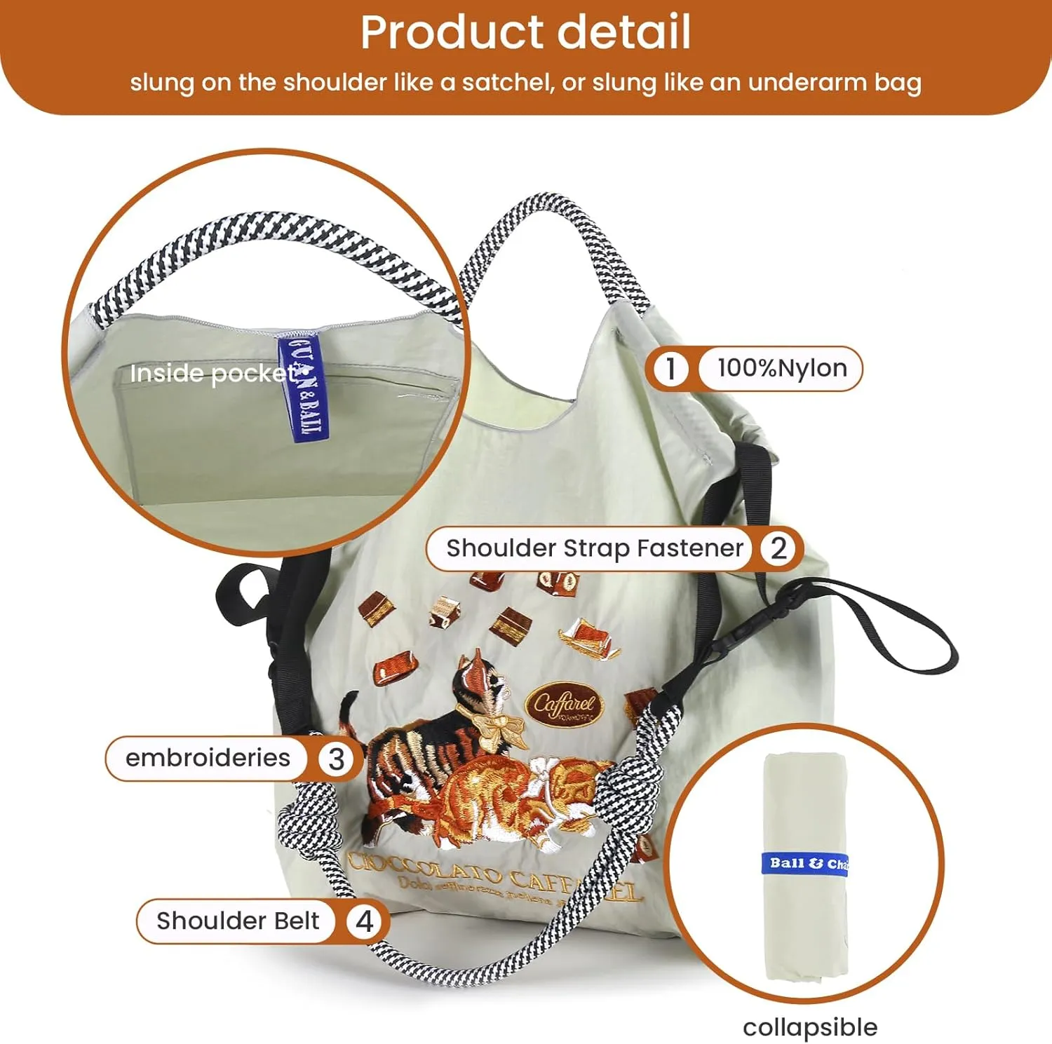 Ball&Chain Women Embroidery Shoulder Handbag Nylon Pockets Bag Ladies Crossbody Purse Fashion Tote Handle Satchel,15x16 in