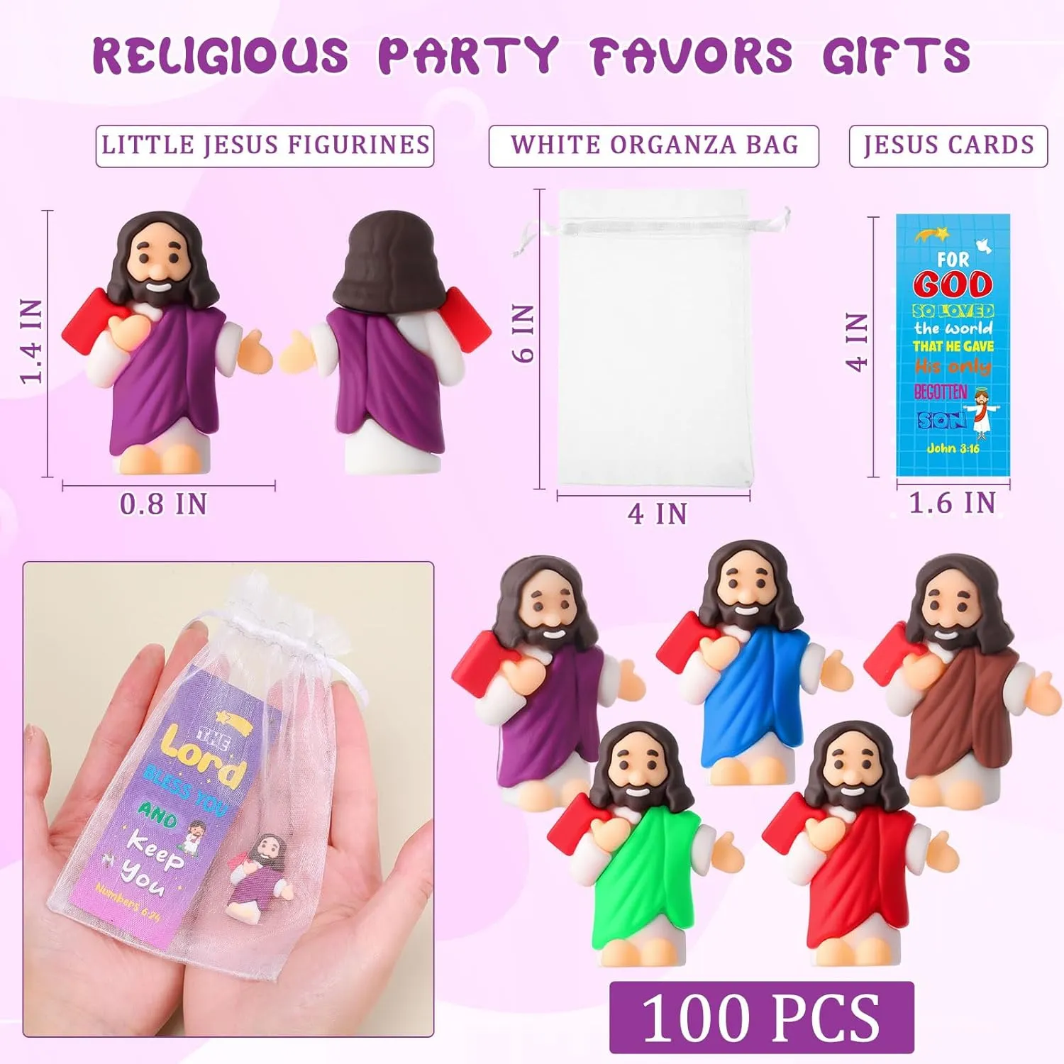 Barydat 50 Sets Mini Jesus Figures with Bible Verse Cards & Organza Bags for Christian Gifts Bulk Vbs Sunday School Baptism Gifts Religious Party Favors First Communion(Bible-Holding Style)