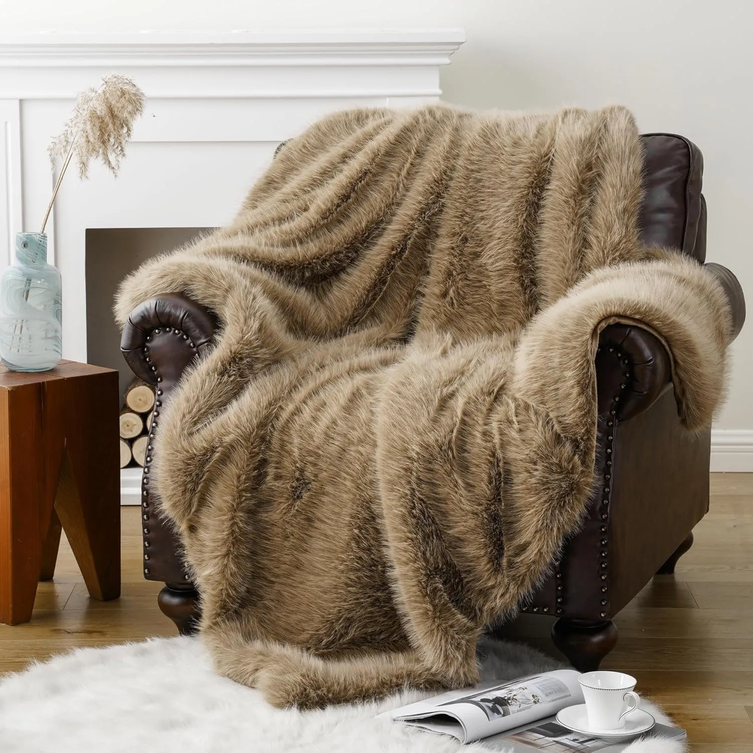 BATTILO HOME Luxury Tan Fluffy Faux Fur Throw Blanket, Cozy Warm Large Fur Blanket for Couch, Sofa, Chair, Bed, Plush Fuzzy Fur Throws with Long Pile, 60"x80"(Khaki)