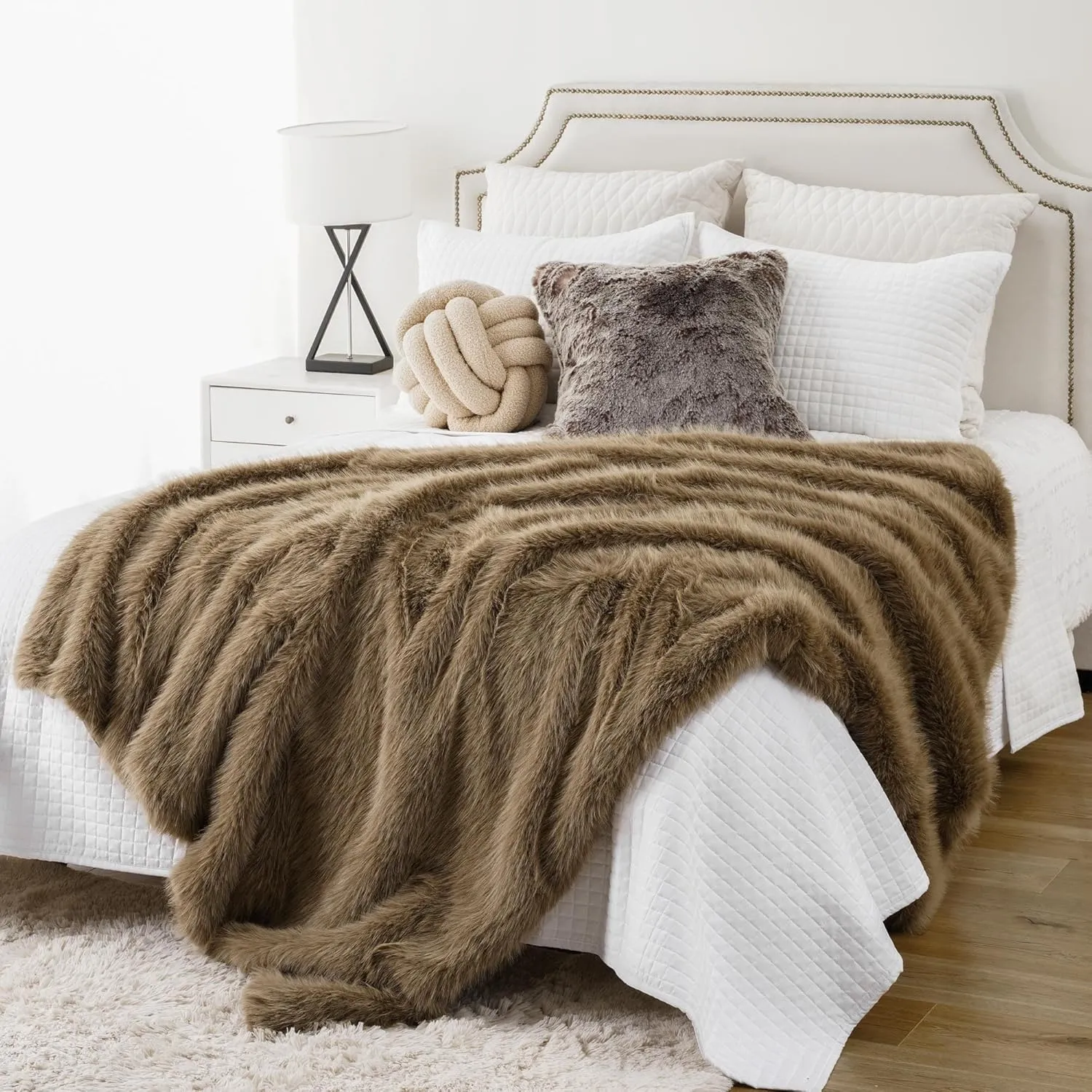 BATTILO HOME Luxury Tan Fluffy Faux Fur Throw Blanket, Cozy Warm Large Fur Blanket for Couch, Sofa, Chair, Bed, Plush Fuzzy Fur Throws with Long Pile, 60"x80"(Khaki)