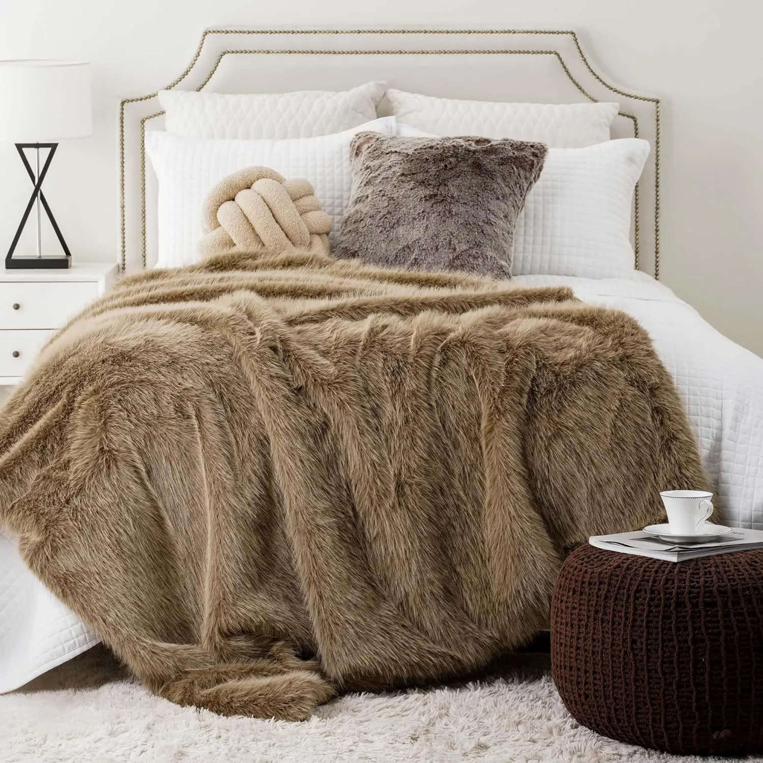 BATTILO HOME Luxury Tan Fluffy Faux Fur Throw Blanket, Cozy Warm Large Fur Blanket for Couch, Sofa, Chair, Bed, Plush Fuzzy Fur Throws with Long Pile, 60"x80"(Khaki)