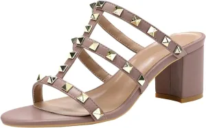 bbruriy Heeled Sandals with Studs for Womens Studded Strappy Chunky high heels Slingback Open toe block mid heel Dressy Pumps Shoes