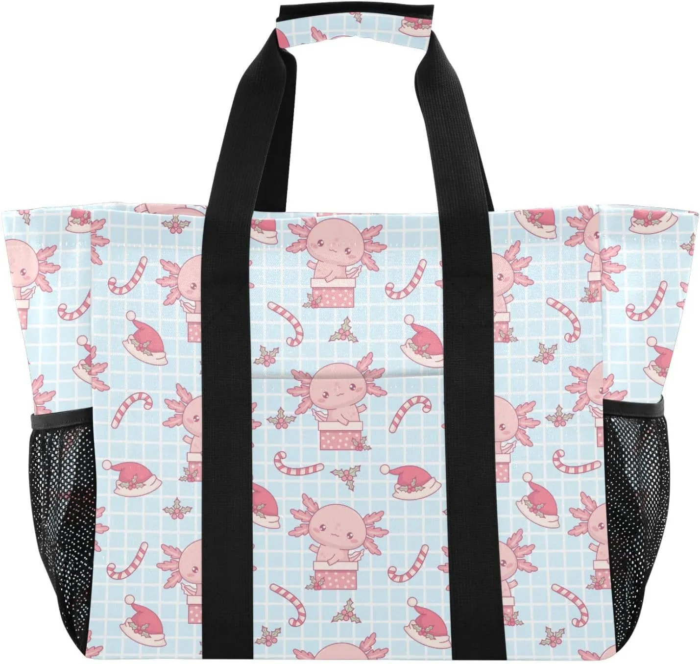 Beach Bag for Women Axolotl Plaid Canvas Tote Bag Sandproof Large Pool Bags with Pocket for Beach Pool Travel Gym