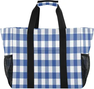 Beach Bag for Women Buffalo Plaid Check Red Sandproof Pool Bags Large Canvas Tote Bag with Pocket for Pool Travel Gym Beach