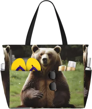 Beach Bags For Women Large Waterproof Sandproof Beach Tote Bag Lightweight Zipper Carry On Bag Hi Bear Sit On The Lawn Pool Bag For Gym Travel Vocation