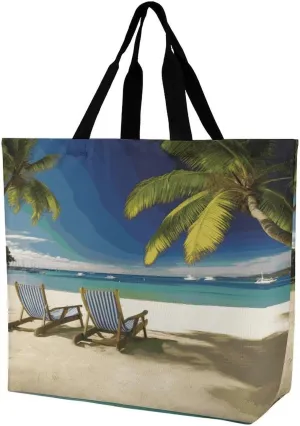 Beach Palm Tree Chairs Boats Tote Bag Reusable Grocery Bags for Women Travel Shoulder Bag Large Shopping Bag Handbag