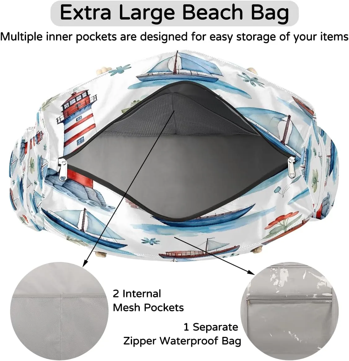Beach Tote Bag, Large Waterproof Swim Pool Bag Summer Travel Beach Bag