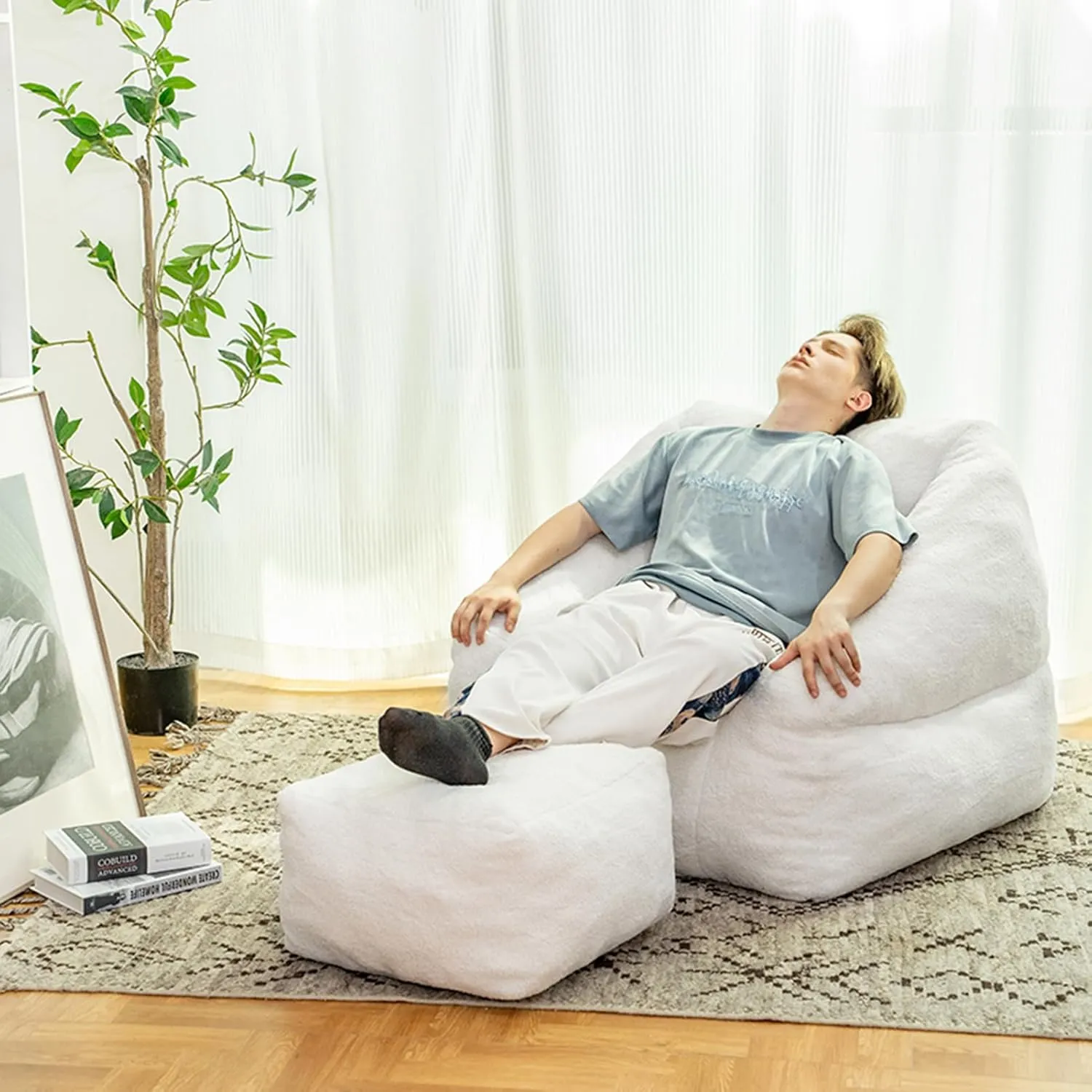 Bean Bag Chair with Ottoman,Comfy Lazy BeanBag Sofa Sets with Memory Foam Filler (Black)
