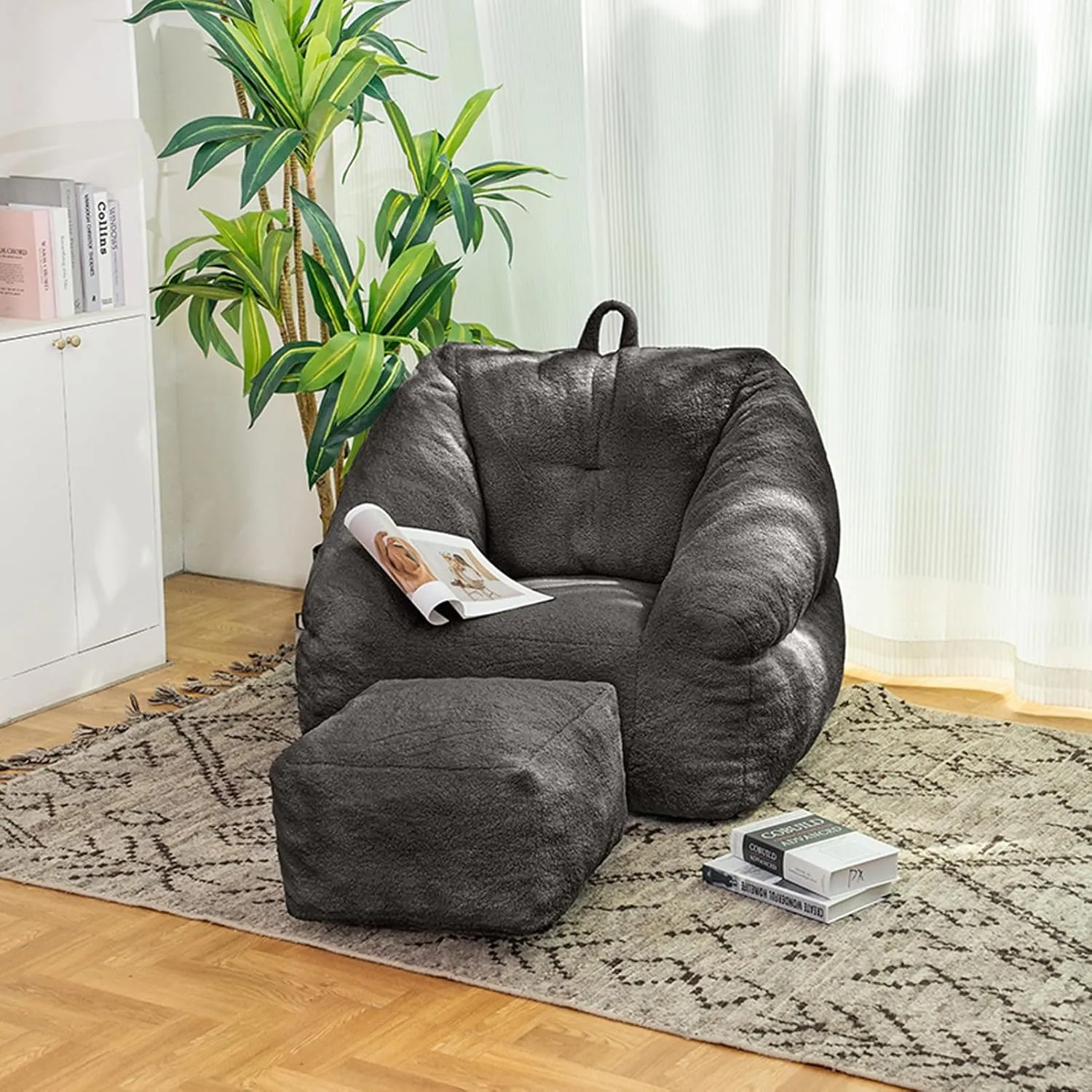 Bean Bag Chair with Ottoman,Comfy Lazy BeanBag Sofa Sets with Memory Foam Filler (Black)