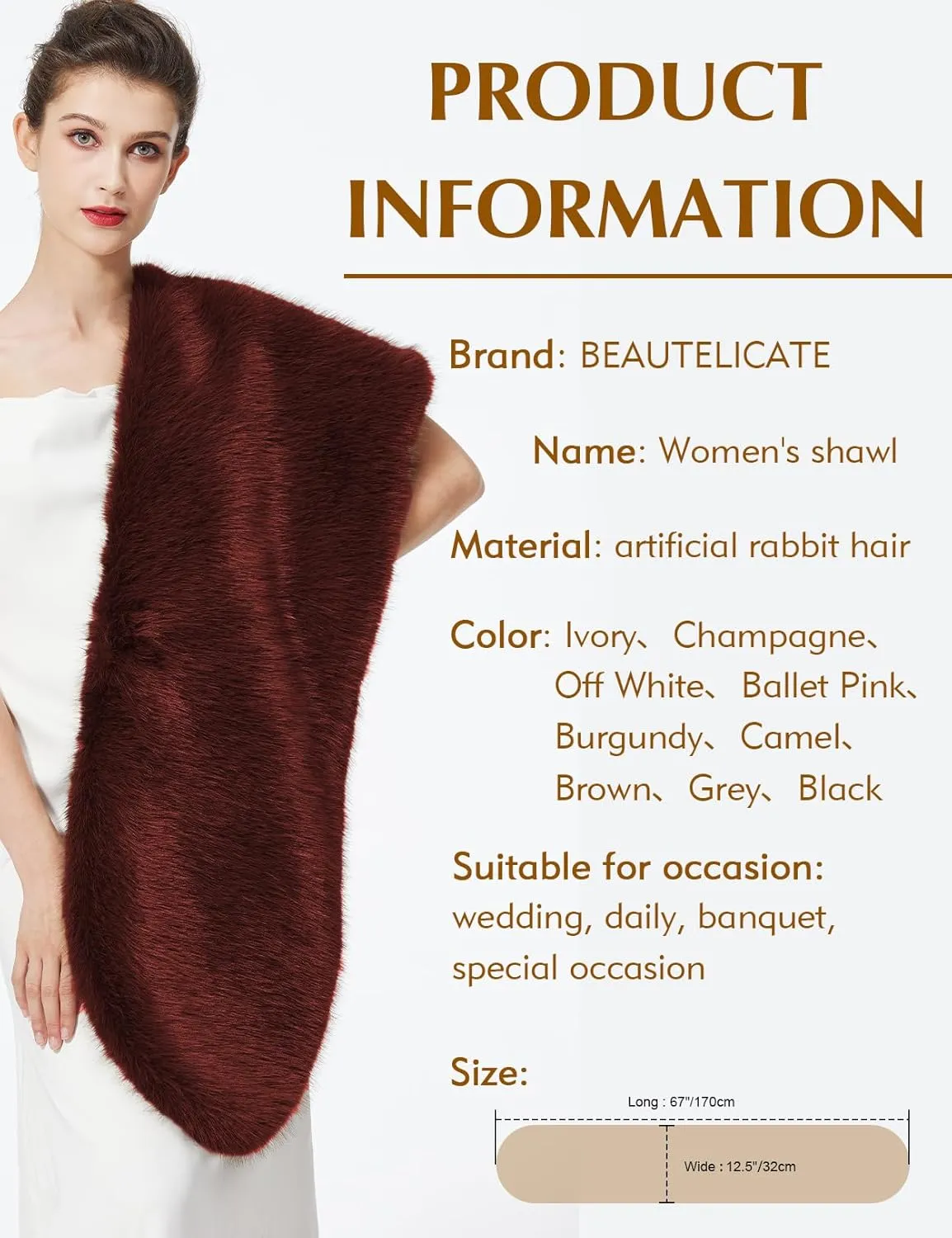 BEAUTELICATE Women's Faux Fur Shawl Stoles Wrap Faux Fur Scarf for Bridal Wedding Party