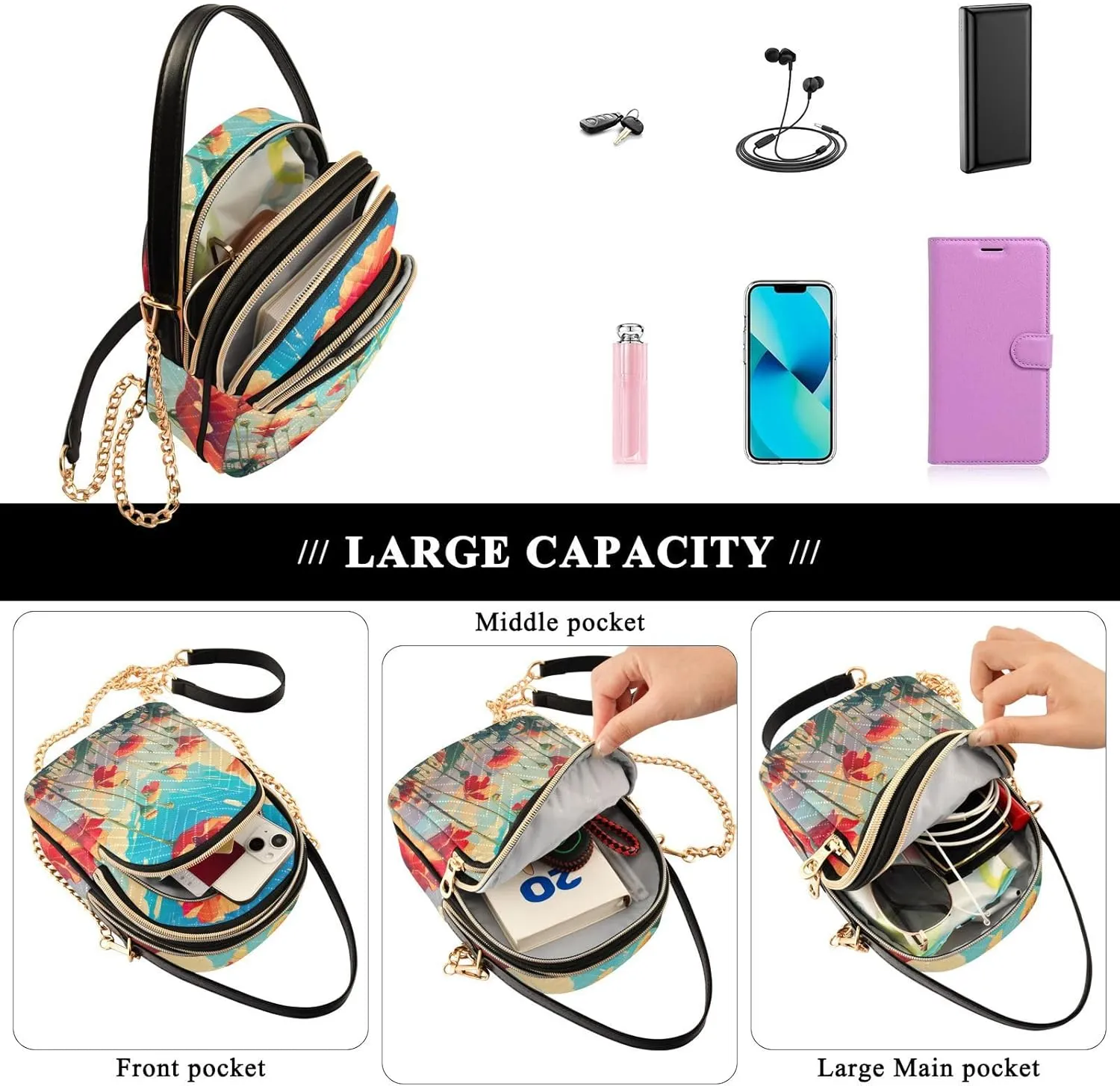 Beautiful Peacocks in Branches with Fruit Small Handbag with Shoulder Strap, Crossbody Shoulder Bags for Women
