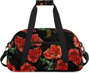 Beautiful Poppies Gym Duffel Bag for Men Women Embroidery Pattern Sports Tote Bag with Adjustable Shoulder Strap for Dance Gymnastics Traveling Outdoor Camping Overnight Stay