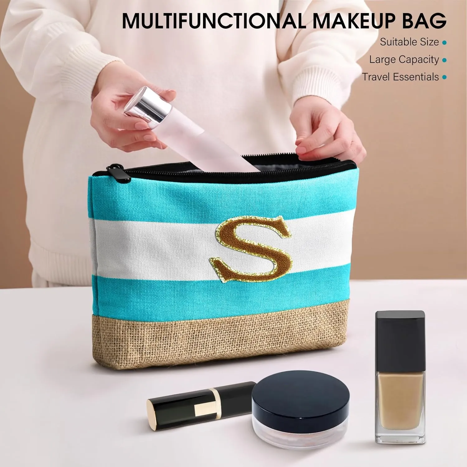 Becokan Beach Bag Initial Beach Tote with Makeup Bag for Travel Work Storage Personalized Birthday Gifts for Women Her