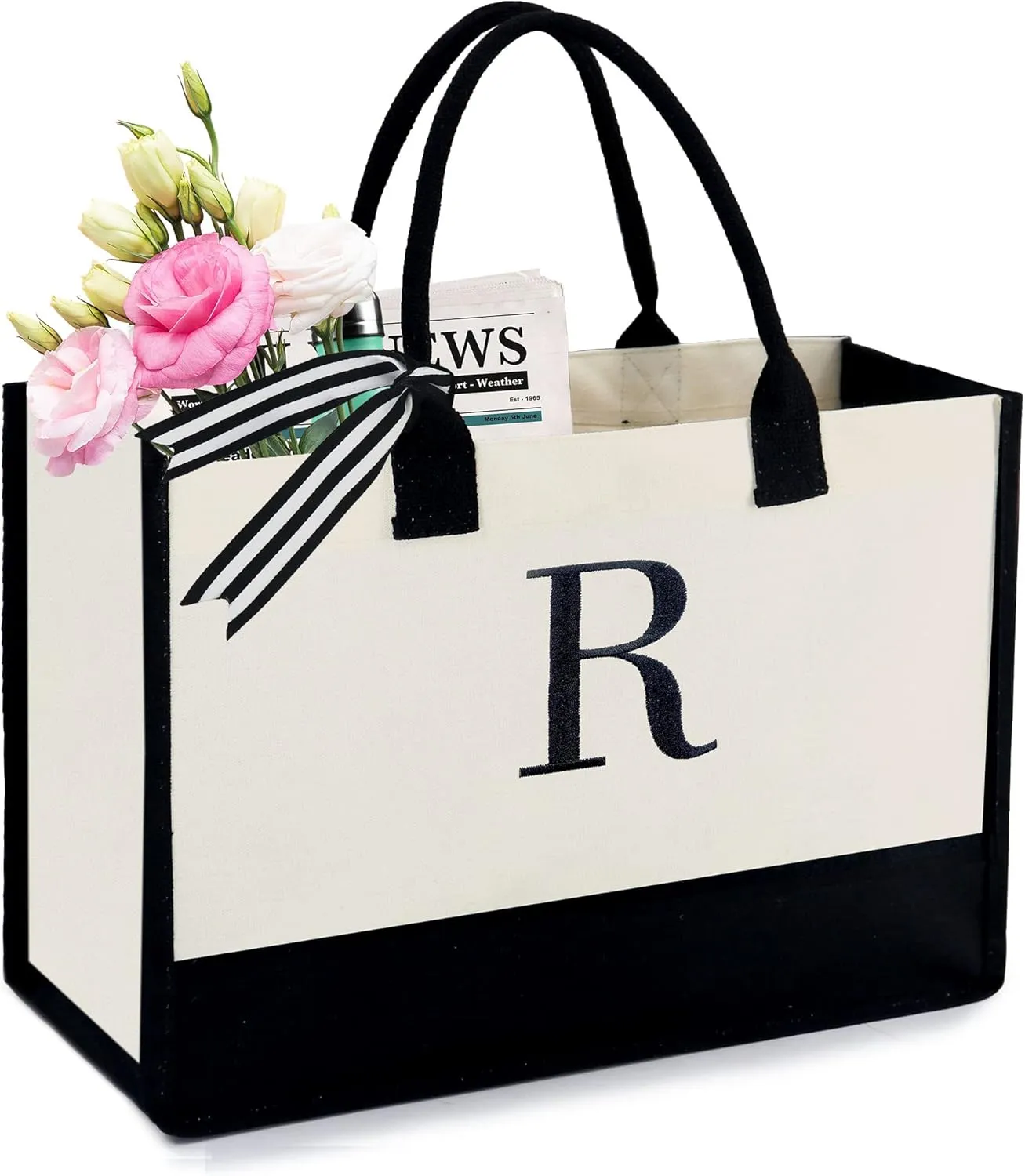 BeeGreen Birthday Gifts For Women 13oz Canvas Tote Bag with Pocket Initial Gifts For Sister Mom Friends Teacher