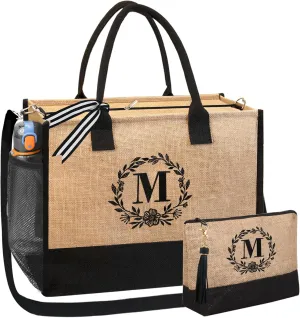 BeeGreen Birthday Gifts for Women Mom Her Sister Friend Friendship Gift Baskets Empty for Teacher Coworker Retirement Initial Monogrammed Tote Bags Personalized Gifts Thank You Presents Embroidery M