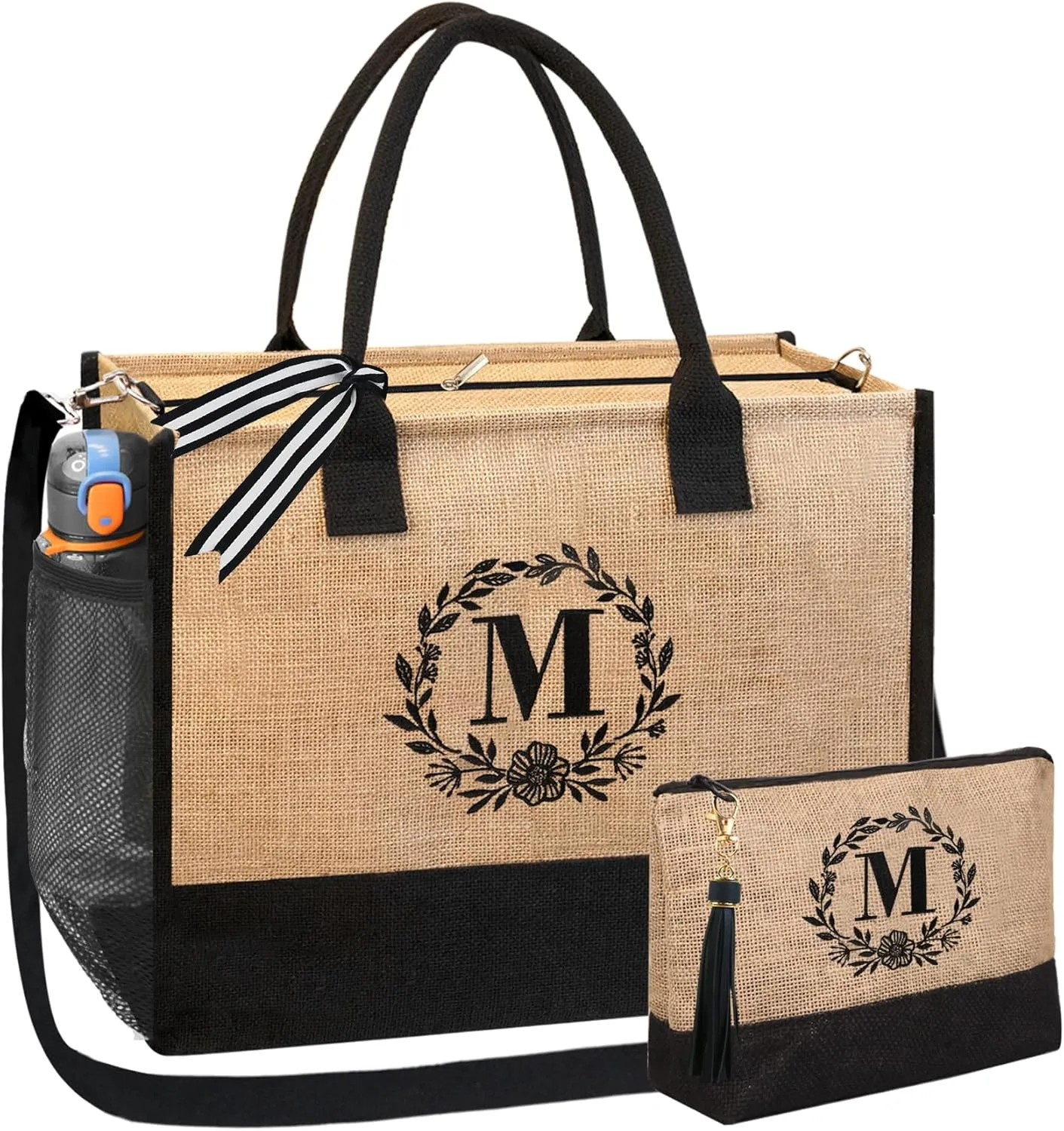 BeeGreen Birthday Gifts for Women Mom Her Sister Friend Friendship Gift Baskets Empty for Teacher Coworker Retirement Initial Monogrammed Tote Bags Personalized Gifts Thank You Presents Embroidery M