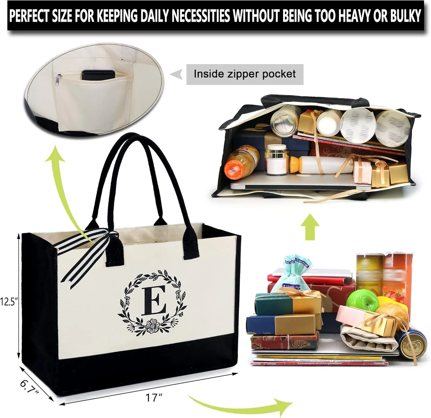 BeeGreen Gift Basket Monogram Initial Canvas Tote Bag with Pocket Embroidery Personalized Tote for Mom Teacher Friend
