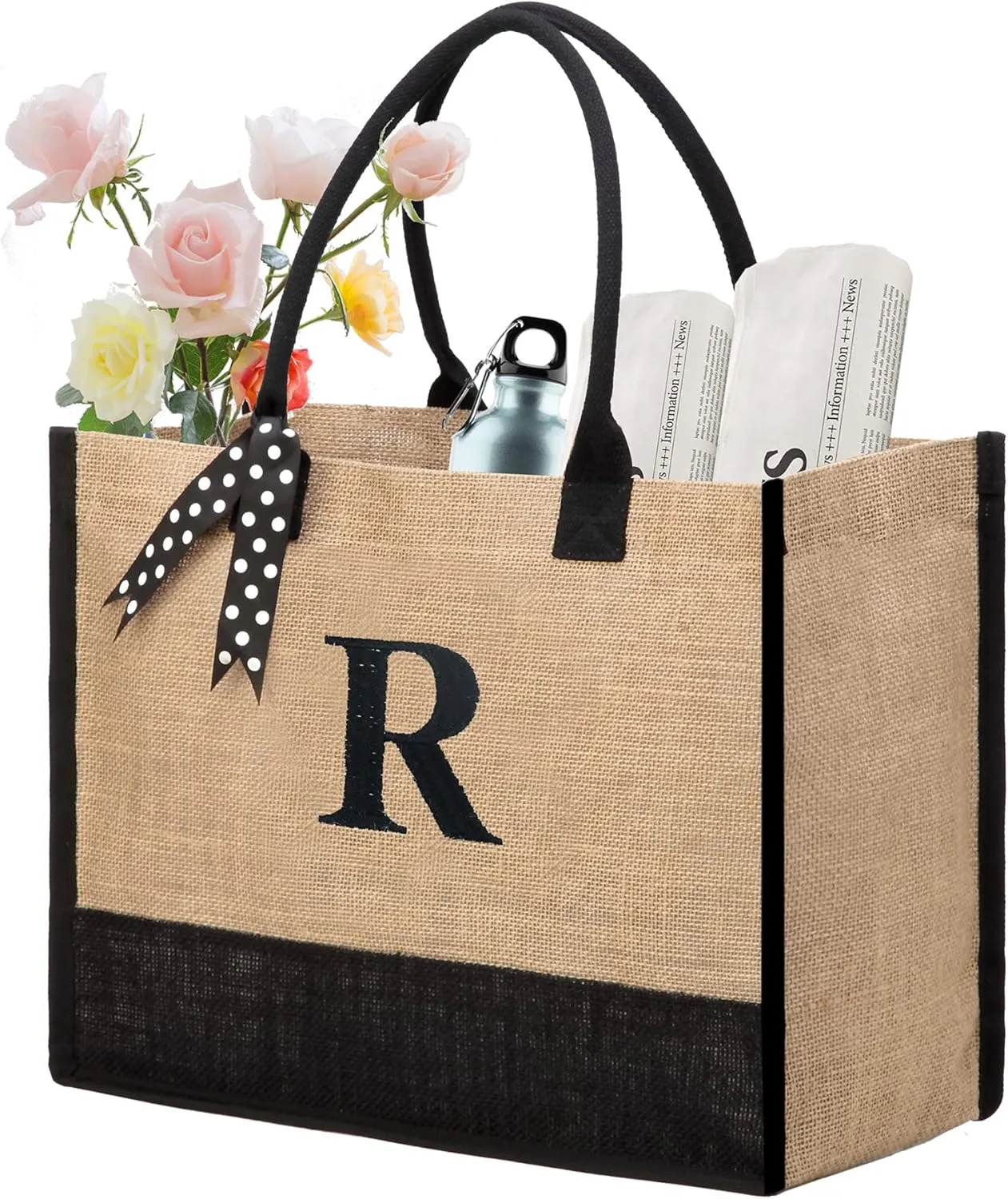 BeeGreen Initial Canvas/Jute Tote Bag Personalized Bag for Wedding, Birthday, Beach, Gift for Women, Mom, Teacher,Friend