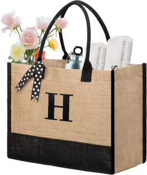 BeeGreen Initial Canvas/Jute Tote Bag Personalized Bag for Wedding, Birthday, Beach, Gift for Women, Mom, Teacher,Friend