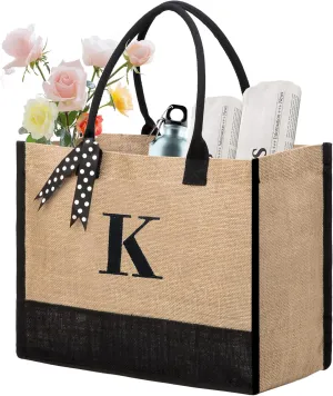 BeeGreen Initial Canvas/Jute Tote Bag Personalized Bag for Wedding, Birthday, Beach, Gift for Women, Mom, Teacher,Friend