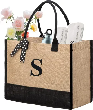 BeeGreen Initial Canvas/Jute Tote Bag Personalized Bag for Wedding, Birthday, Beach, Gift for Women, Mom, Teacher,Friend