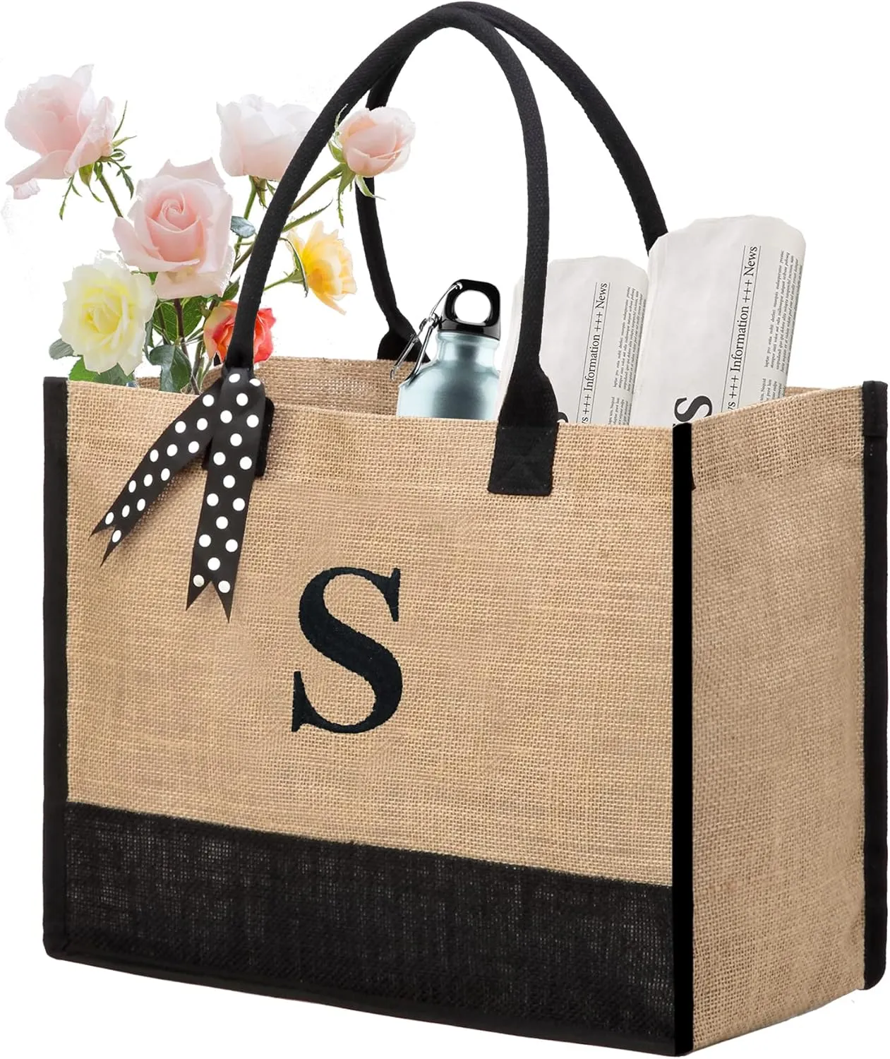 BeeGreen Initial Canvas/Jute Tote Bag Personalized Bag for Wedding, Birthday, Beach, Gift for Women, Mom, Teacher,Friend