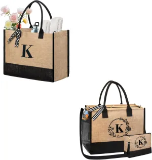 BeeGreen Monogrammed Tote Bag for Women Initial Jute Tote Bag with Zipper Closure,Embroidery Monogram Gift for Mother Friends Personalized Birthday Gifts for Women Wedding Presents for Bridesmaid K