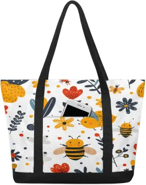 Bees Flower Painting Tote Bag for Women Work Canvas Travel Tote Bags with Zipper Large Capacity Casual Handbag with Inner Pockets Reusable Shopping Shoulder Bag for Teacher Nurse