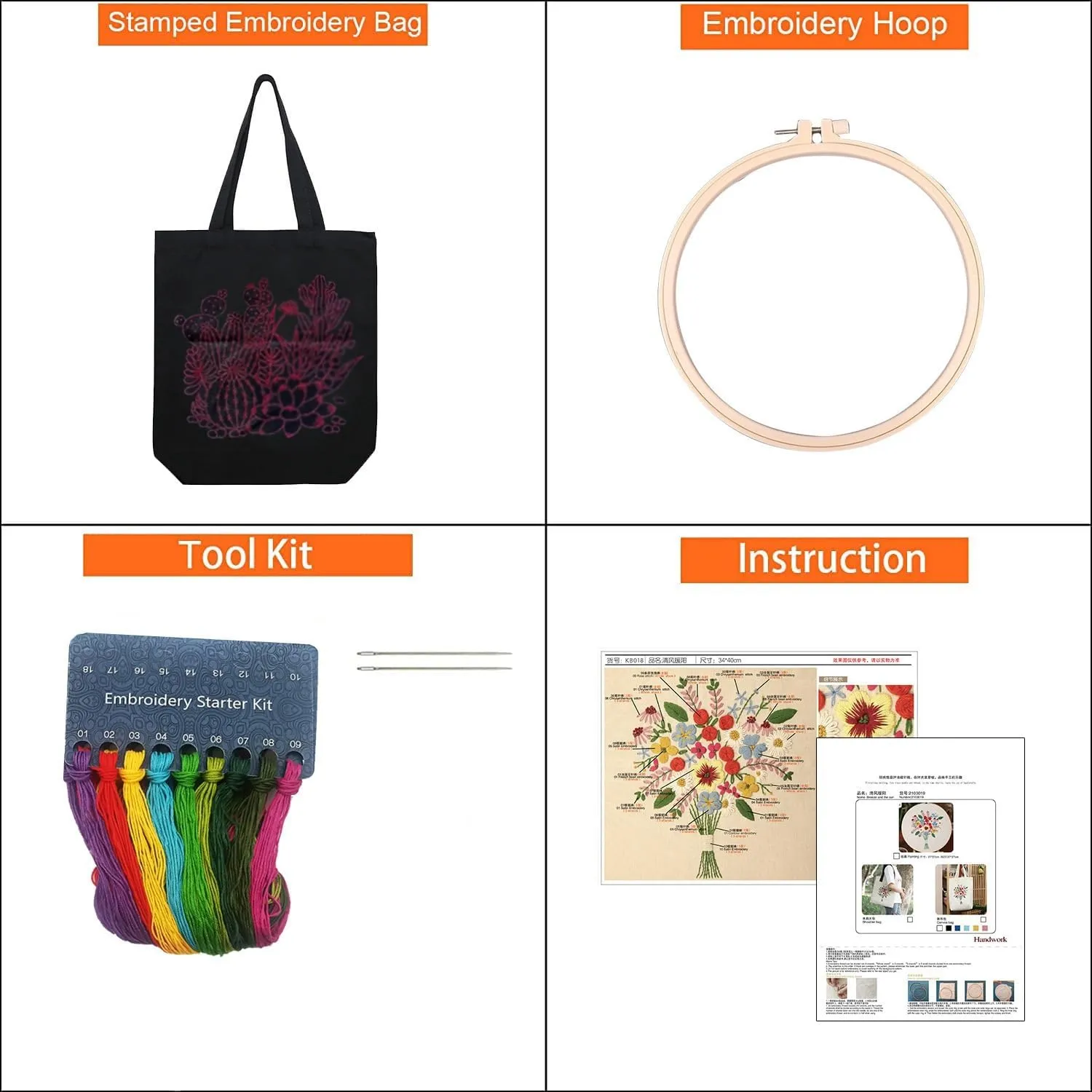 Beginner Embroidery Kits for Adults with Embroidery Patterns DIY Canvas Bag Kit, Stamped Patterns, Embroidery Hoop,Reusable Tote Shoulder Bag Casual Bag for Vacation, Shopping, Work (flower B)