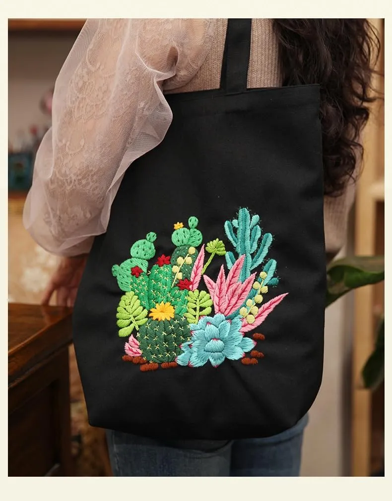 Beginner Embroidery Kits for Adults with Embroidery Patterns DIY Canvas Bag Kit, Stamped Patterns, Embroidery Hoop,Reusable Tote Shoulder Bag Casual Bag for Vacation, Shopping, Work (flower B)