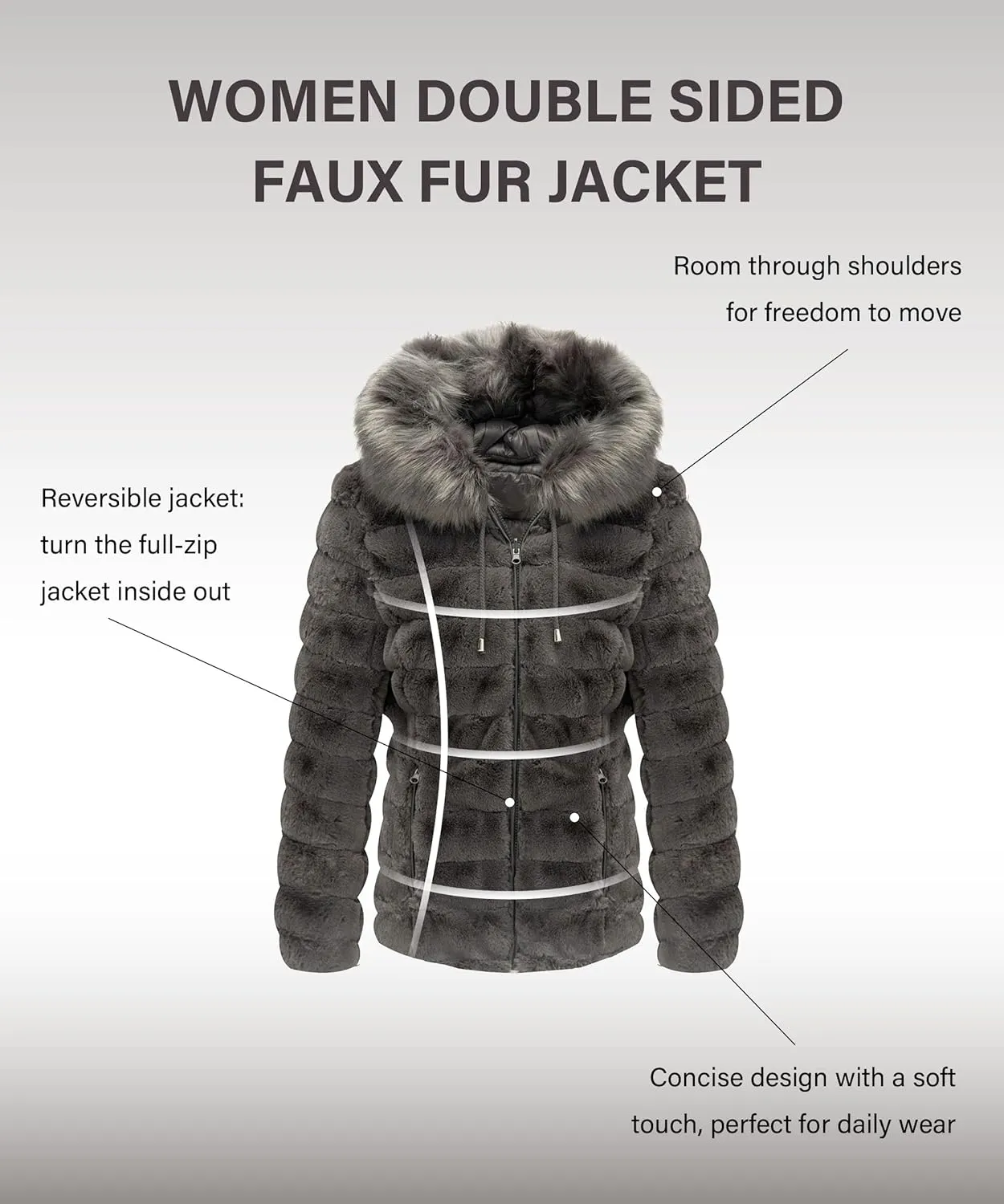 Bellivera Women Double Sided Faux Fur Jacket Spring and Winter Fashion Reversible Hood Puffer Coat with Fur Collar