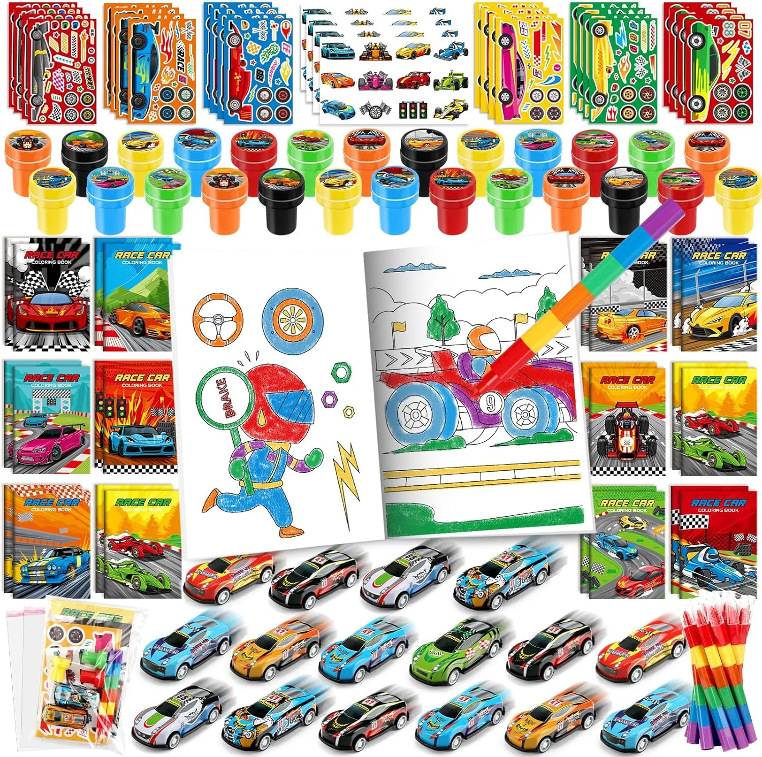 BenLouis 168Pcs Race Car Party Favors Racing Theme Coloring Books Crayons Sticker Set Bulk for Kids Fast Racecar Wheels Birthday Goodie Bag Stuffer Classroom Gifts Rewards Craft Pinata Fillers
