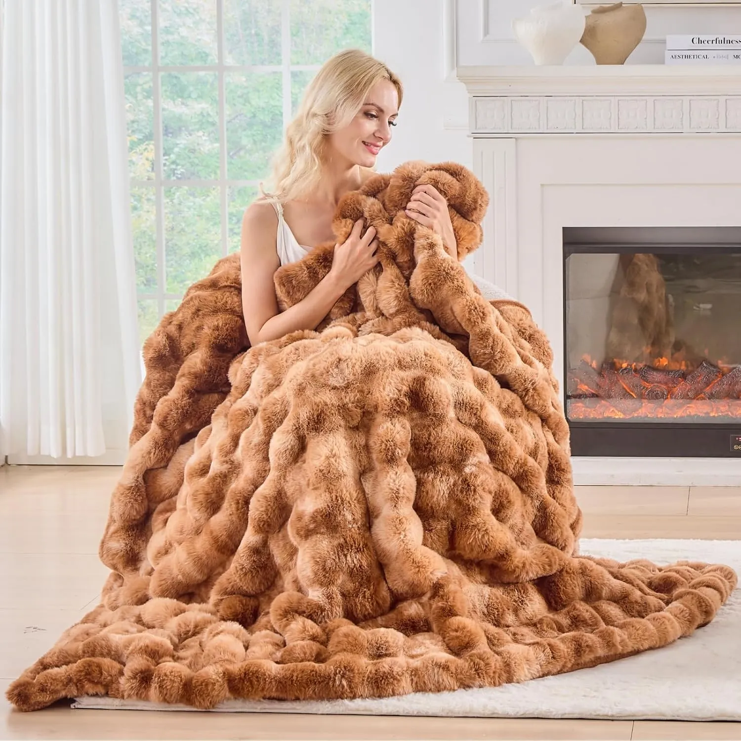 BENVWE Faux Fur Throw Blanket for Couch - Fluffy Soft Thick Bubble Blanket for Living Room Home Decor - Fathers Day Birthday Gifts for Women Men, Tie-dye Caramel, 50" x 60"