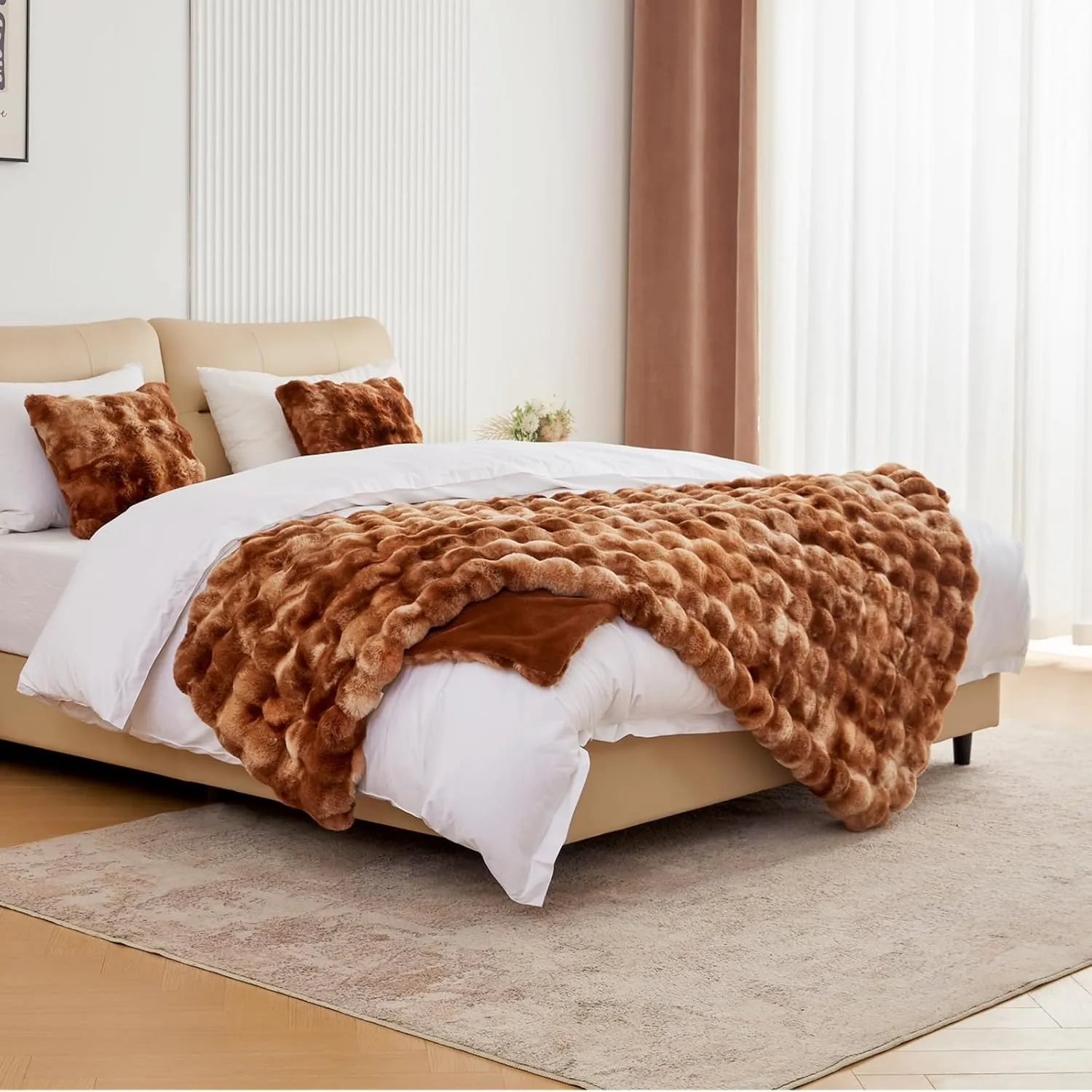 BENVWE Faux Fur Throw Blanket for Couch - Fluffy Soft Thick Bubble Blanket for Living Room Home Decor - Fathers Day Birthday Gifts for Women Men, Tie-dye Caramel, 50" x 60"
