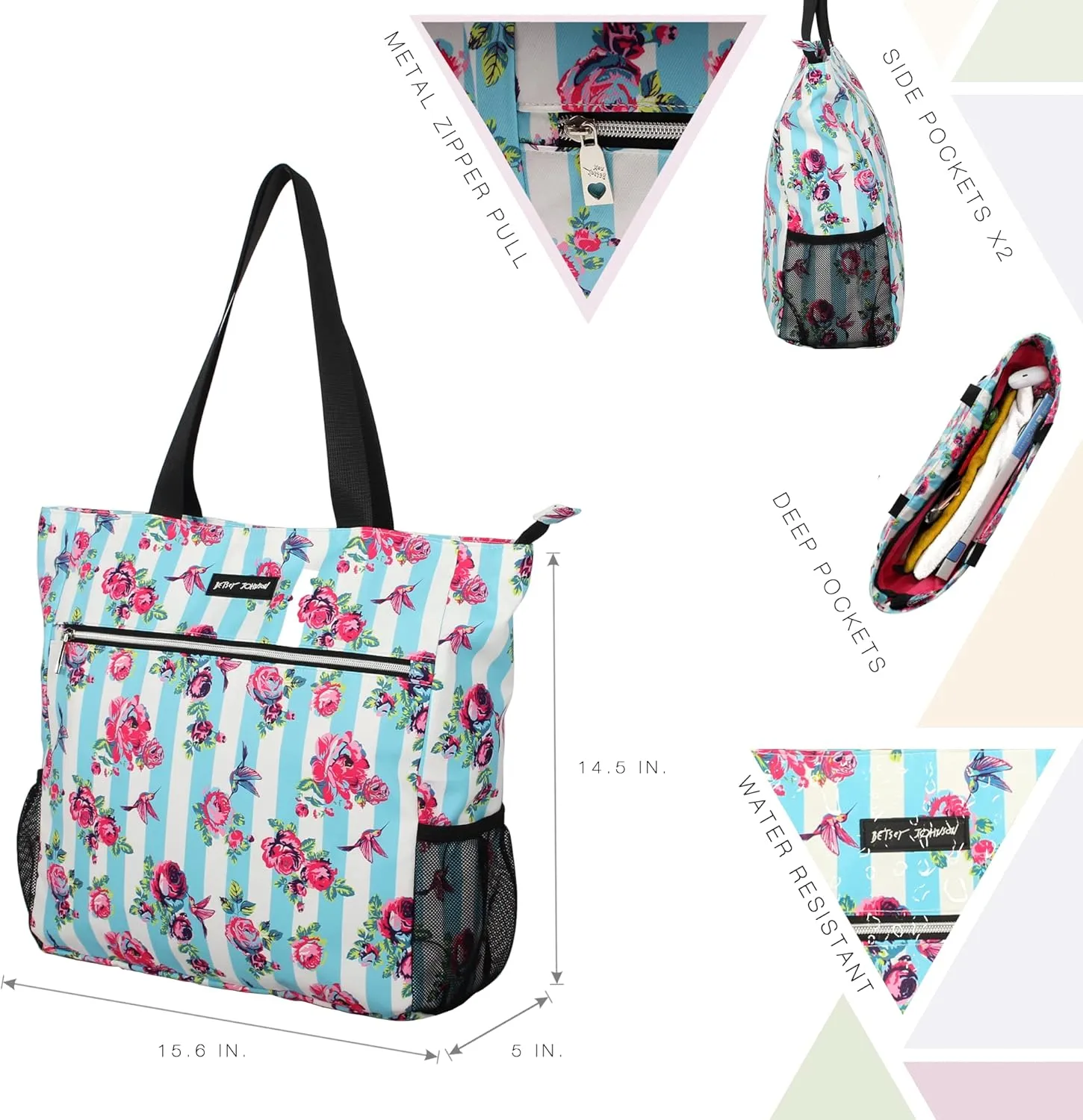 Betsey Johnson 15.6 Inch Zipper Beach Tote Bag Lightweight Large Durable Polyester with Mesh Side Pockets for Gym Work