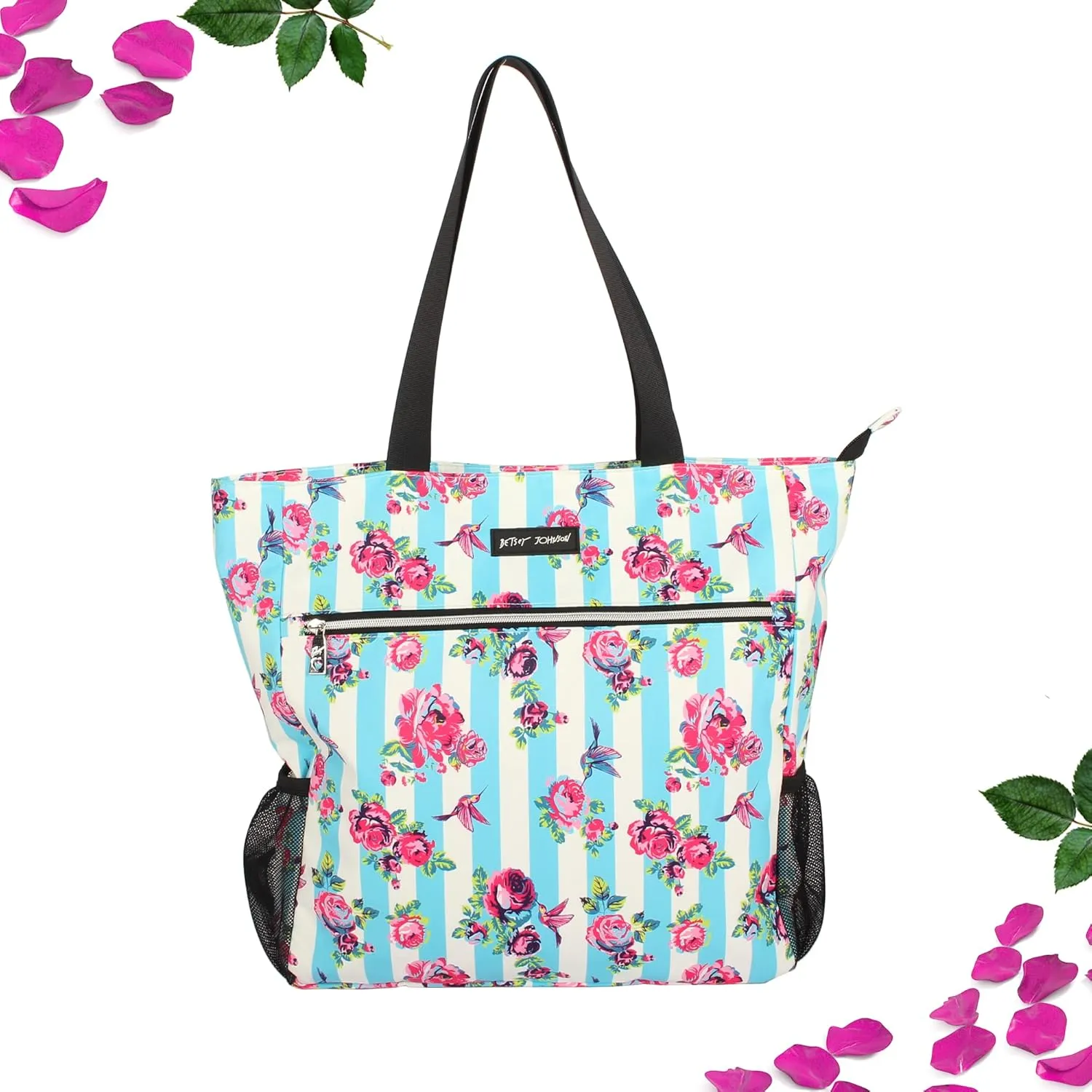 Betsey Johnson 15.6 Inch Zipper Beach Tote Bag Lightweight Large Durable Polyester with Mesh Side Pockets for Gym Work