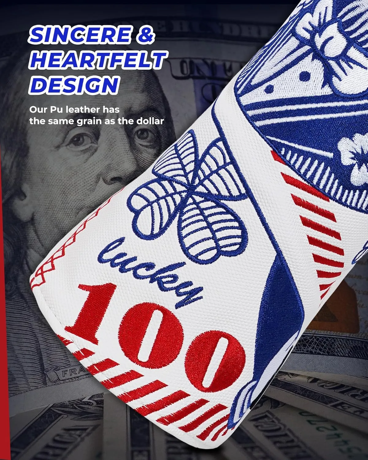 Big Teeth One Hundred Dollar Golf Wood Club Covers, Golf Driver Headcover, Driver Fairway Utility Ut Golf Head Cover,Hybrid Headcover Golf Club Protector For Men, $100 Lucky Bill Golf Club Head Covers