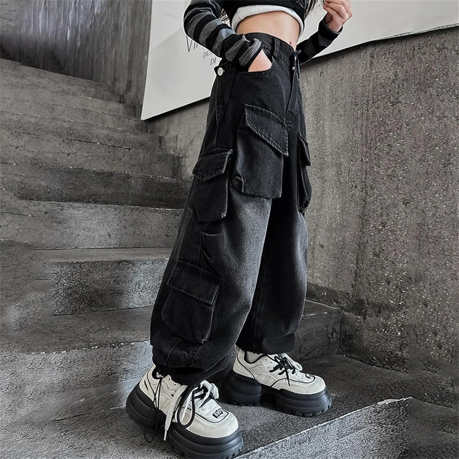 BILIKEYU Girls Streetwear Denim Cargo Pants High Waist Floor Length Baggy Wide Leg Jeans with Multi Pockets 5