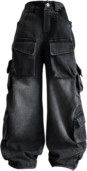 BILIKEYU Girls Streetwear Denim Cargo Pants High Waist Floor Length Baggy Wide Leg Jeans with Multi Pockets 5