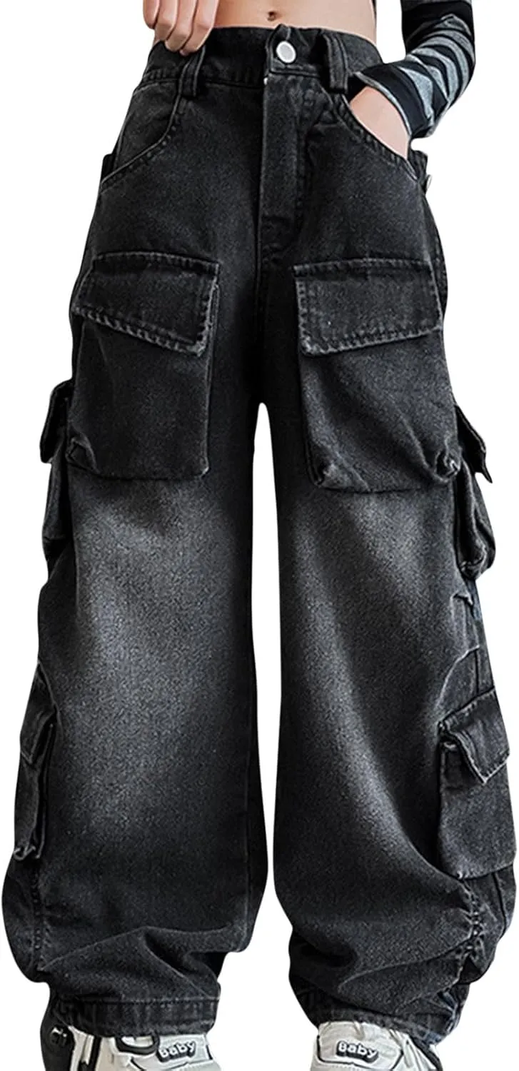 BILIKEYU Girls Streetwear Denim Cargo Pants High Waist Floor Length Baggy Wide Leg Jeans with Multi Pockets 5