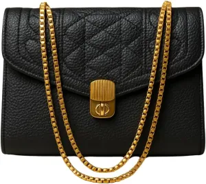 Black Quilted Leather Shoulder Bag – Gold Chain Flap Purse for Women