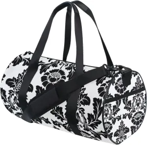 Black Seamless Damask Flowers Ornate Seamless on White Duffel Bag, Foldable Canvas Travel Tote for Gym Sports with Inner Pockets, Durable Lightweight Fitness Bag for Overnight Workout