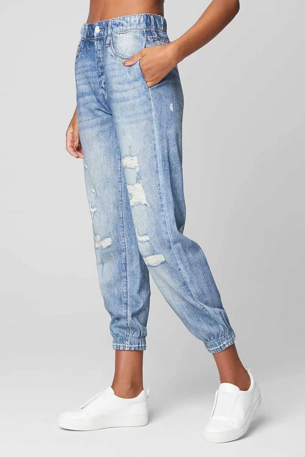 [BLANKNYC] Womens French Terry Distressed Printed Denim Jogger, Comfortable & Stylish Pants