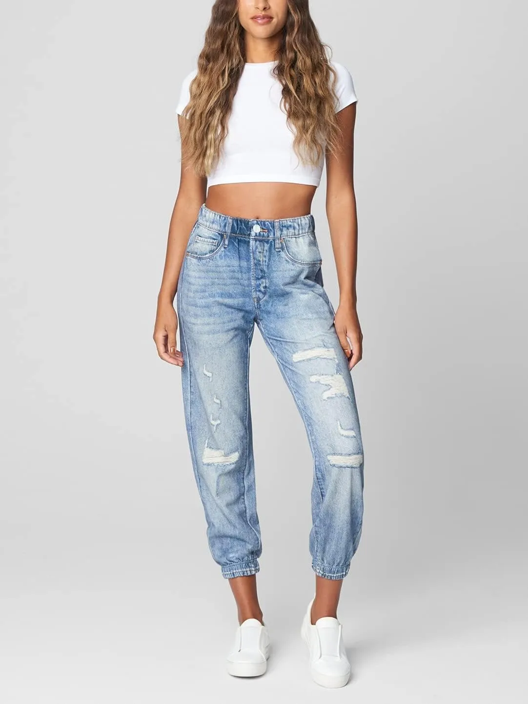 [BLANKNYC] Womens French Terry Distressed Printed Denim Jogger, Comfortable & Stylish Pants