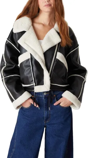 [BLANKNYC] Womens Leather and Sherpa Bonded Moto Jacket