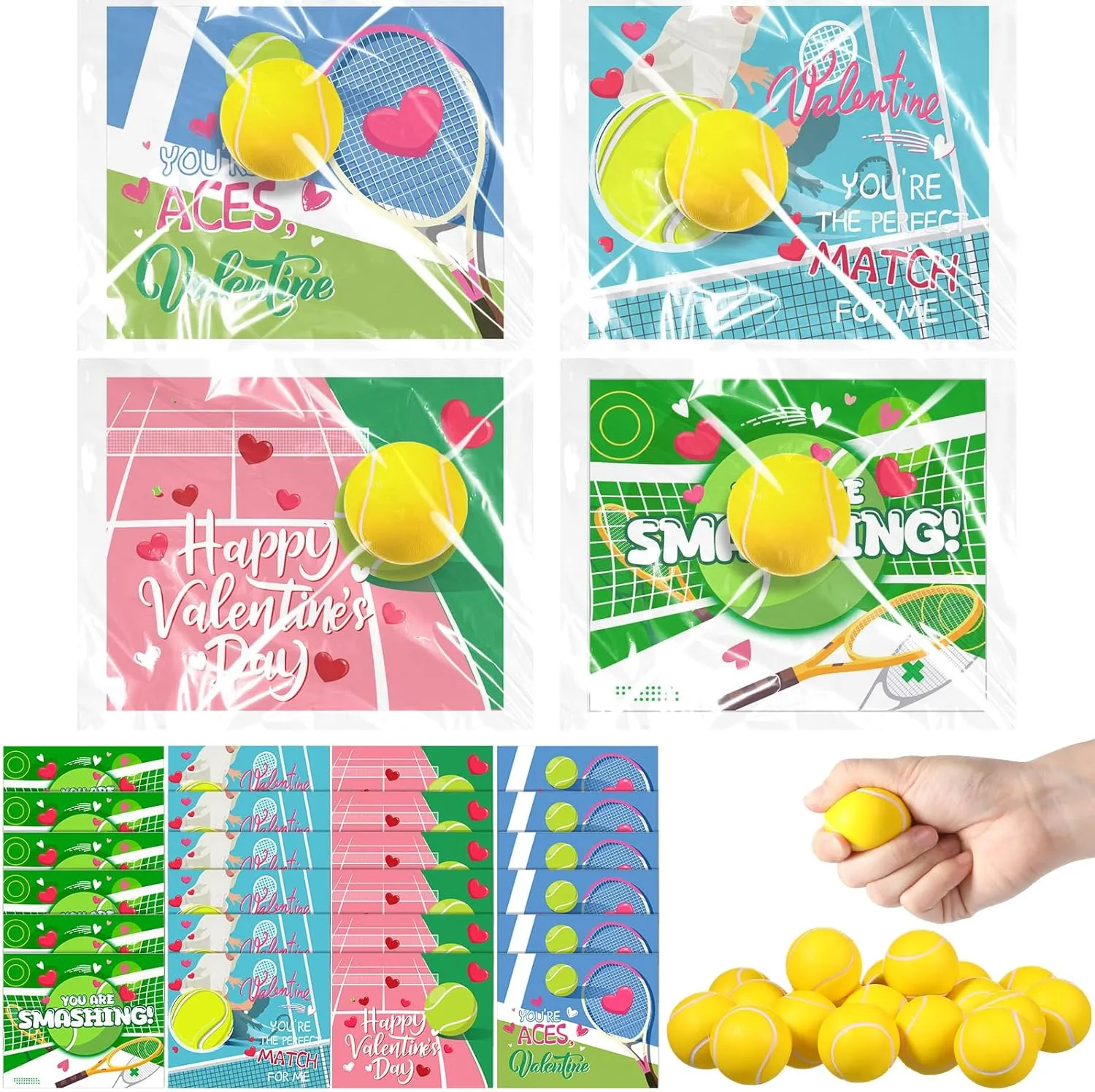 Blosssound 24 Pack Valentine‘s Day Cards with Mini Tennis Stress Balls Squeeze Foam Balls Kids Valentines Greeting Cards for Classroom Exchange Gifts Valentine Party Favors Supplies