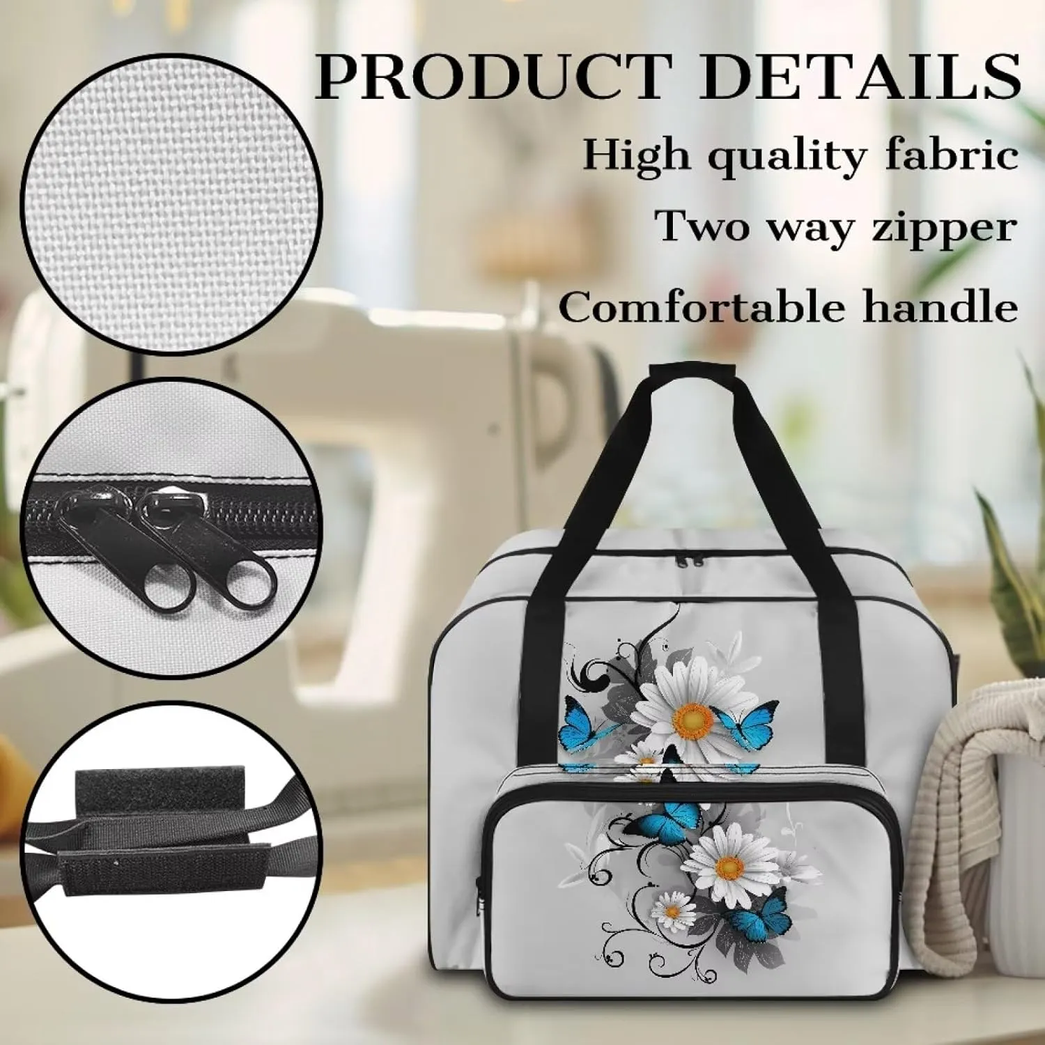 Blue Butterfly and Daisy Portable Sewing Machine Handbag Universal Tote Travel Bag Compatible with Most Standard Machines Stain Resistan and Scratch Resistan