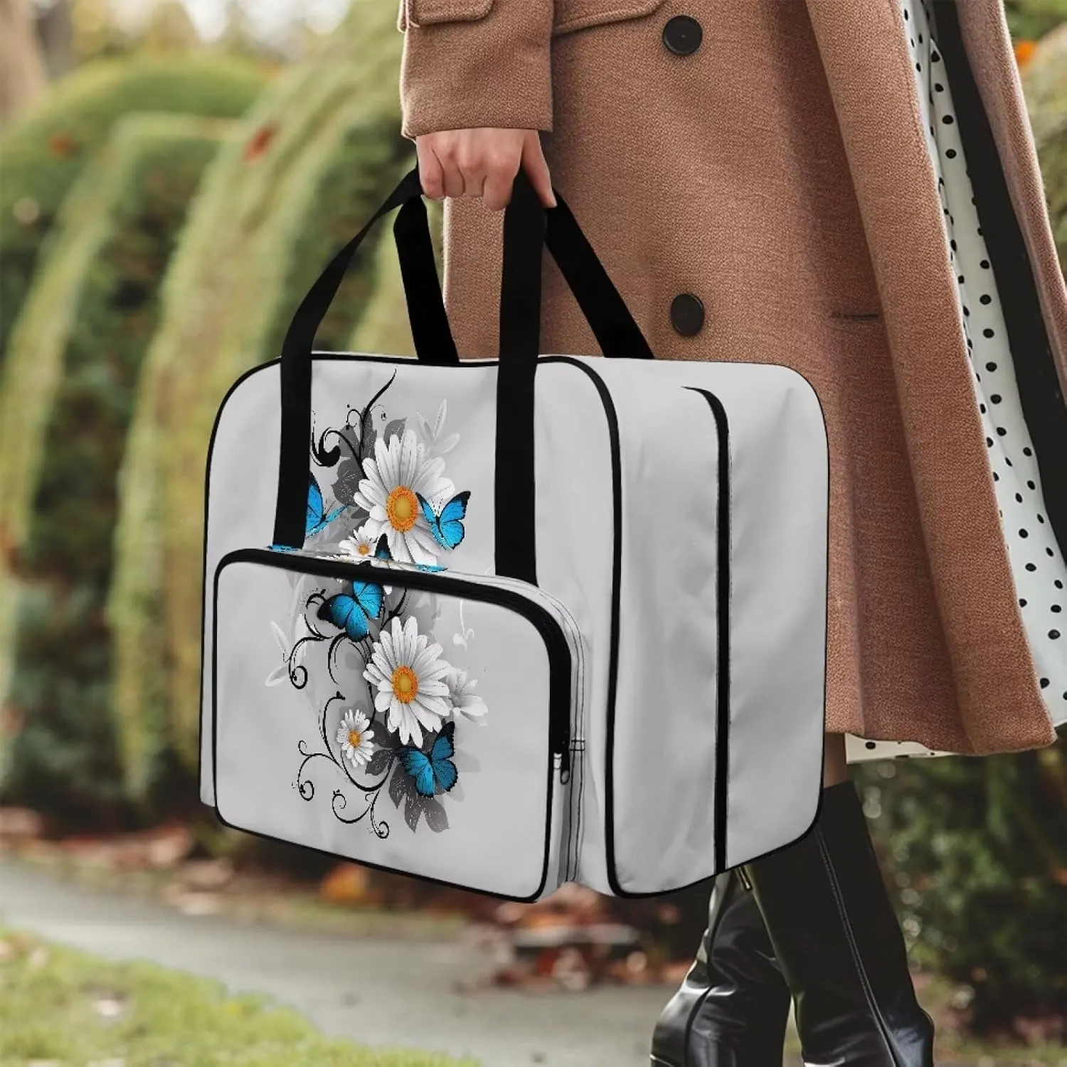 Blue Butterfly and Daisy Portable Sewing Machine Handbag Universal Tote Travel Bag Compatible with Most Standard Machines Stain Resistan and Scratch Resistan