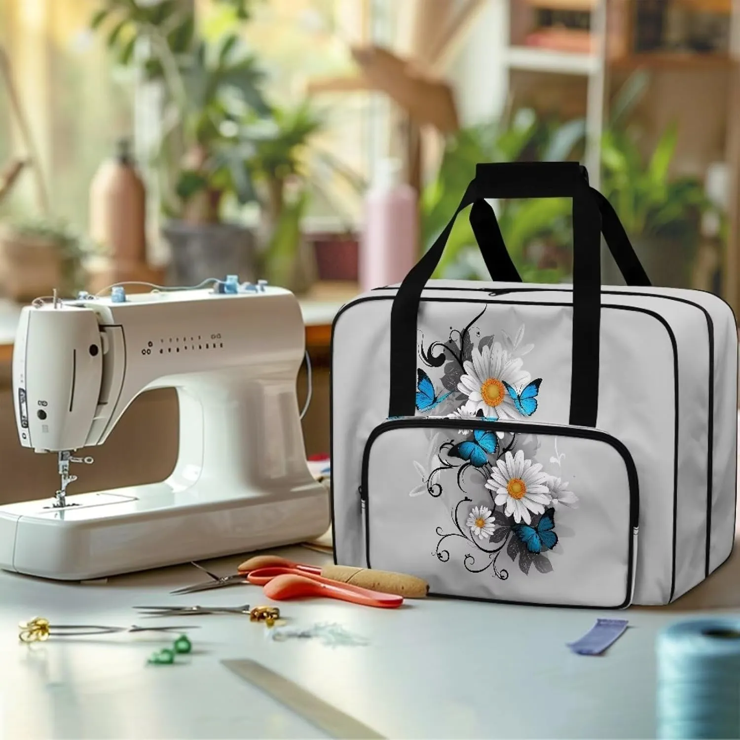 Blue Butterfly and Daisy Portable Sewing Machine Handbag Universal Tote Travel Bag Compatible with Most Standard Machines Stain Resistan and Scratch Resistan